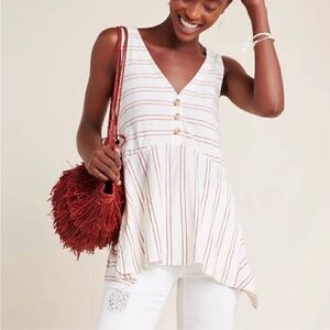 Maeve by ANTHROPOLOGIE White with brown stripes Alayne handkerchief Tunic Tank